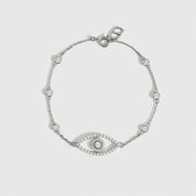 Sterling silver 925 evil eye pavé bracelet with cubic zirconia, shown on a plain background.