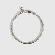Silver plated round snake chain bracelet, shown on a plain background.