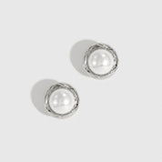 Silver plated Coco stud earrings with a glass pearl, shown on a plain background.
