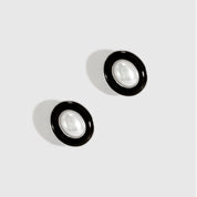 Silver plated N.19 stud earrings with black enamel and a glass pearl, shown on a plain background.