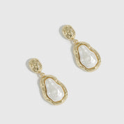 14k gold plated pearl pendant earrings with baroque glass pearls, shown on a plain background.