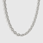 Silver plated small oval link necklace, shown on a plain background.