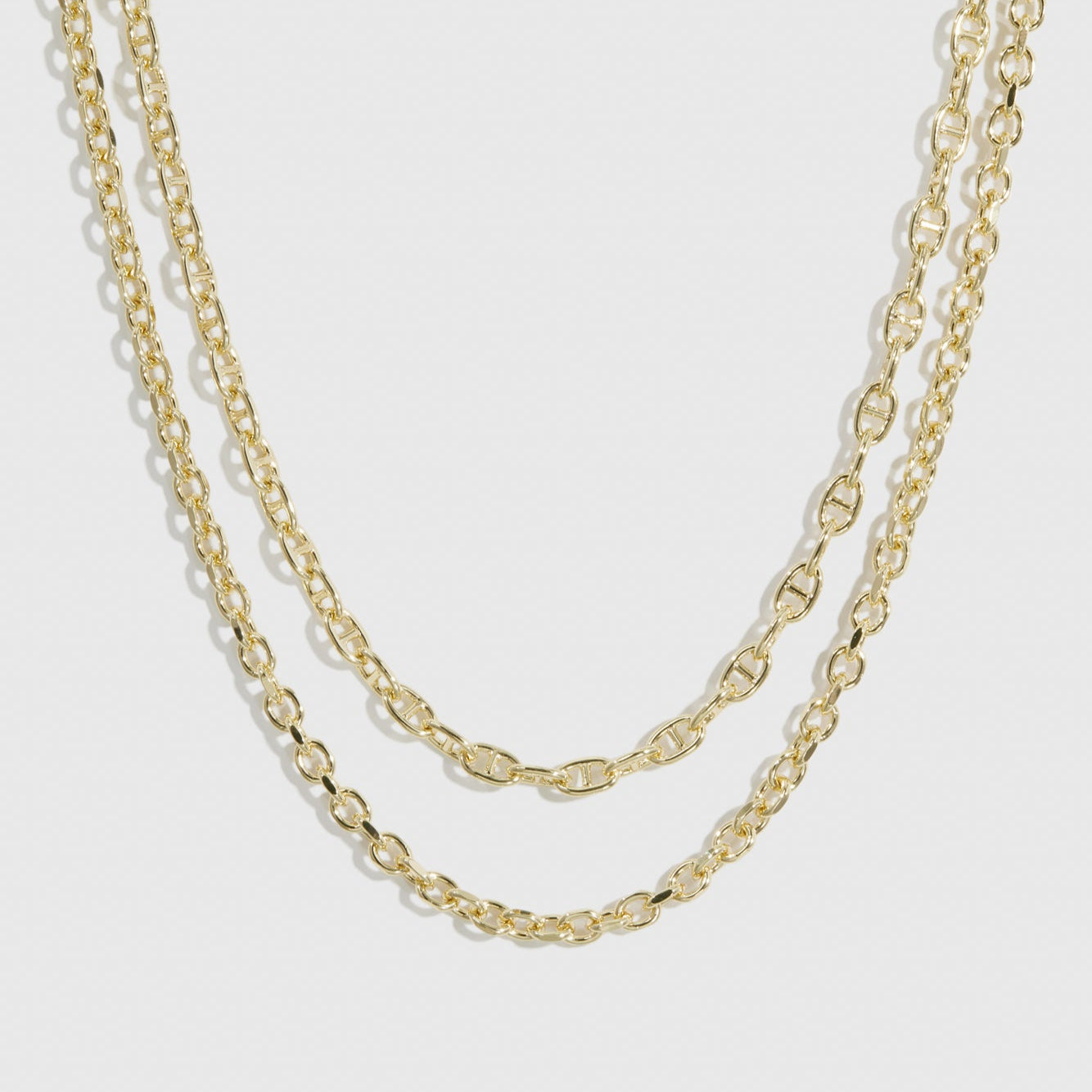 14k gold plated convertible double-chain necklace, shown on a plain background.