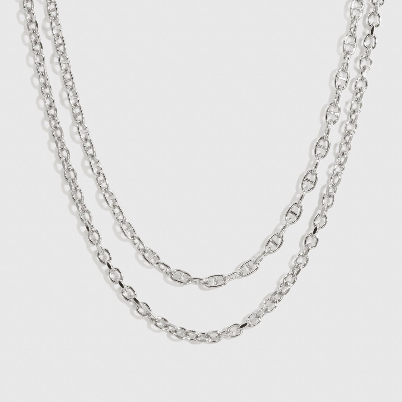 Silver plated convertible double-chain necklace, shown on a plain background.