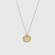 14k gold plated sterling silver 925 braided outline circle pendant necklace, shown on a plain background.