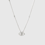 Sterling silver 925 evil eye pavé necklace with cubic zirconia, shown on a plain background.