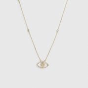 14k gold plated sterling silver 925 evil eye pavé necklace with cubic zirconia, shown on a plain background.