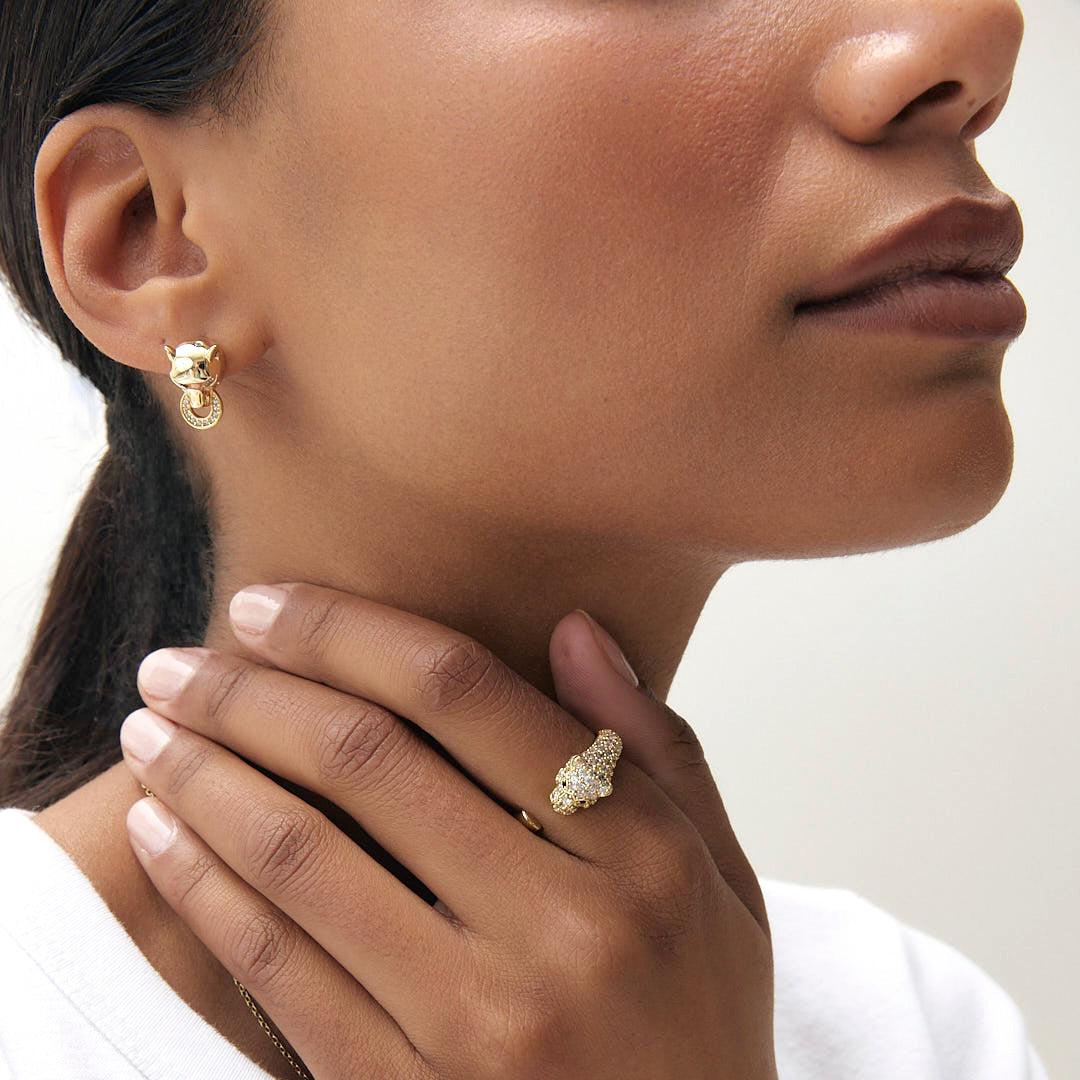 Jaguar Head Stud Earrings, 14k gold plated with a pavé cubic zirconia ring (view 2)
