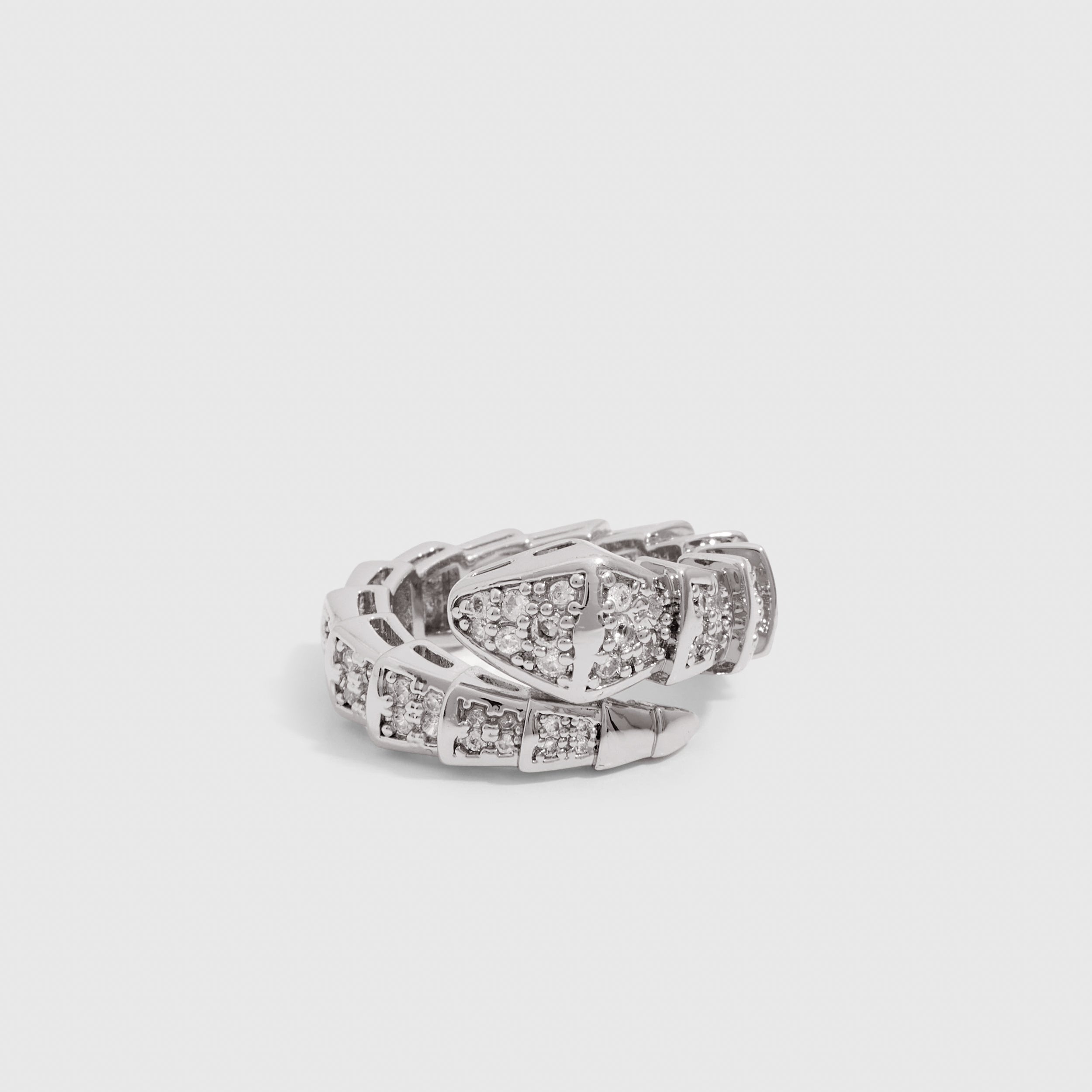 Chunky Snake Ring, silver plated with white cubic zirconia