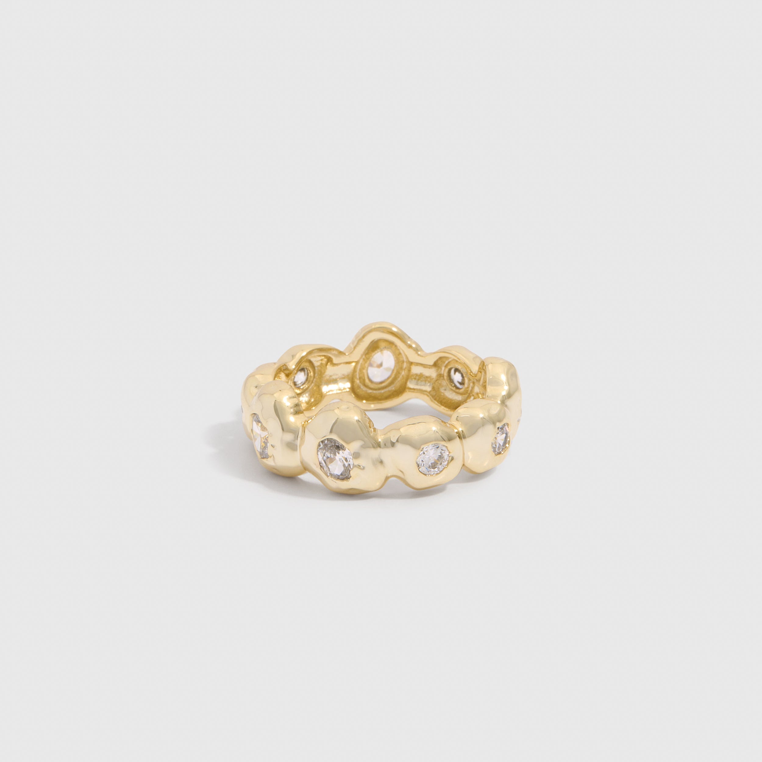 14k gold plated nugget ring with cubic zirconia set among textured beads, shown on a plain background.