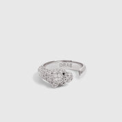Jaguar Head Ring, silver plated with white and black cubic zirconia