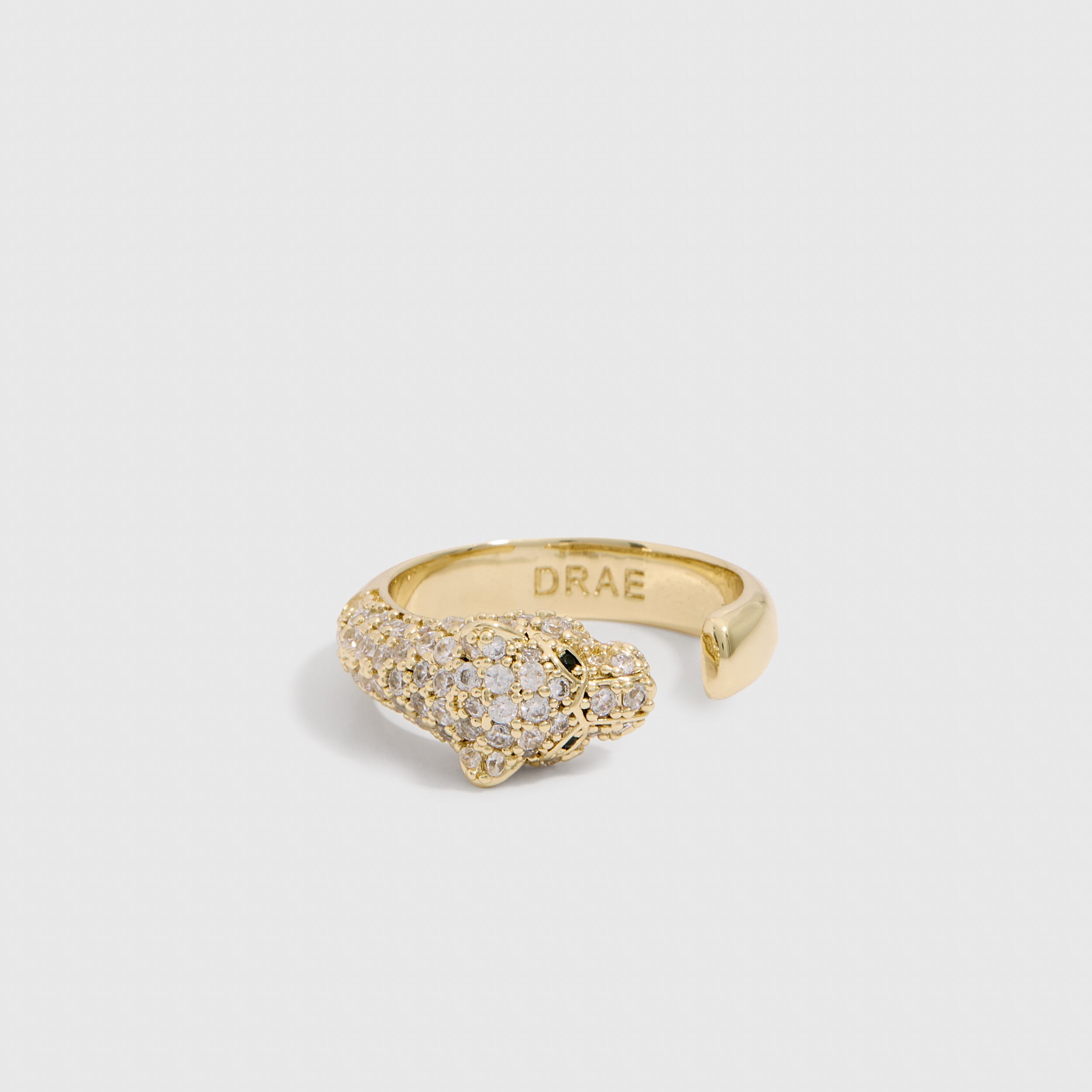 Jaguar Head Ring, 14k gold plated with white and black cubic zirconia