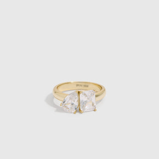 Duo Maxi Teardrop & Emerald-Cut Ring in 14k gold-plated sterling silver with two cubic zirconia stones