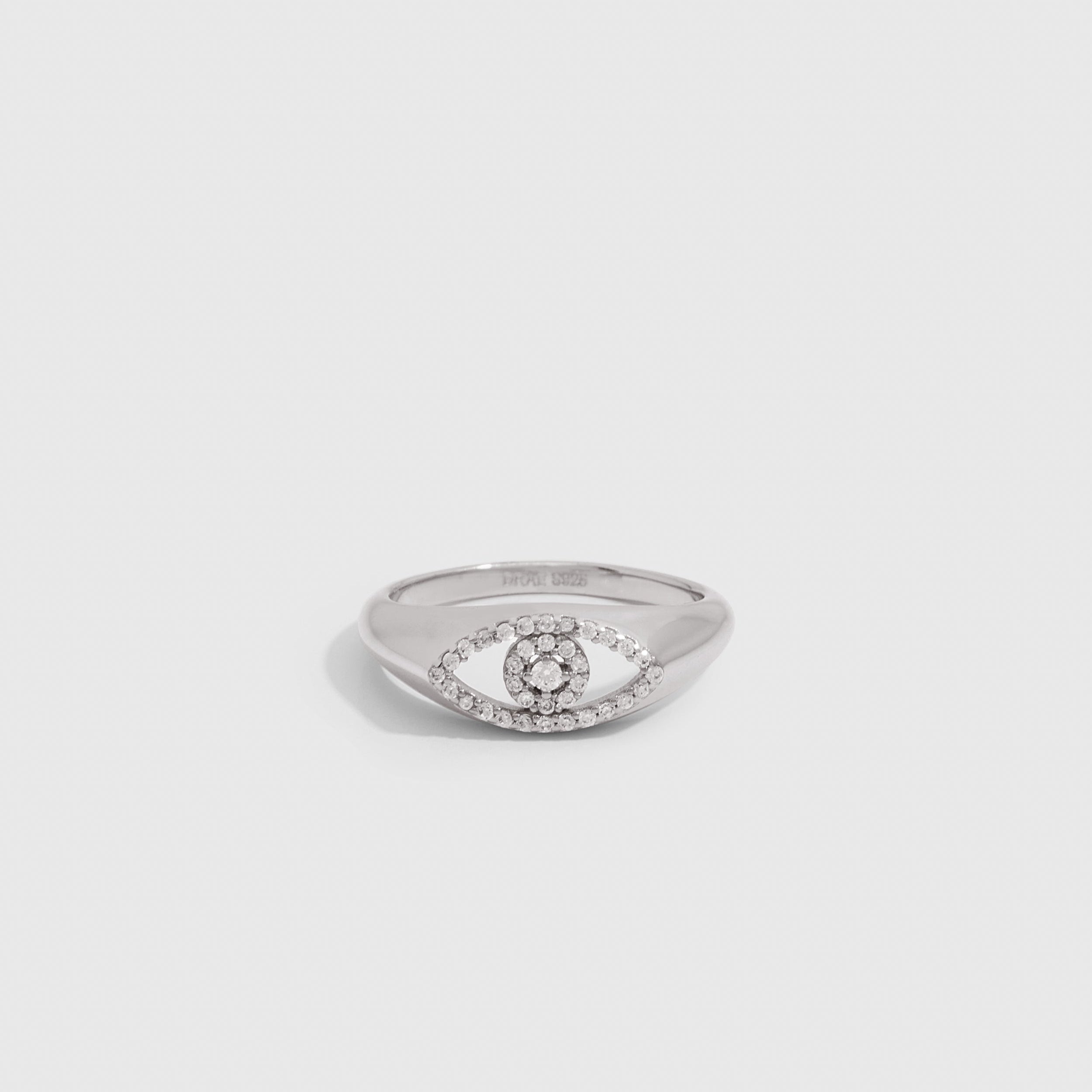Sterling silver 925 Evil Eye Pavé Ring with white cubic zirconia pavé detailing, shown on a plain background.
