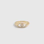 14k gold plated Evil Eye Pavé Ring with white cubic zirconia pavé detailing, shown on a plain background.