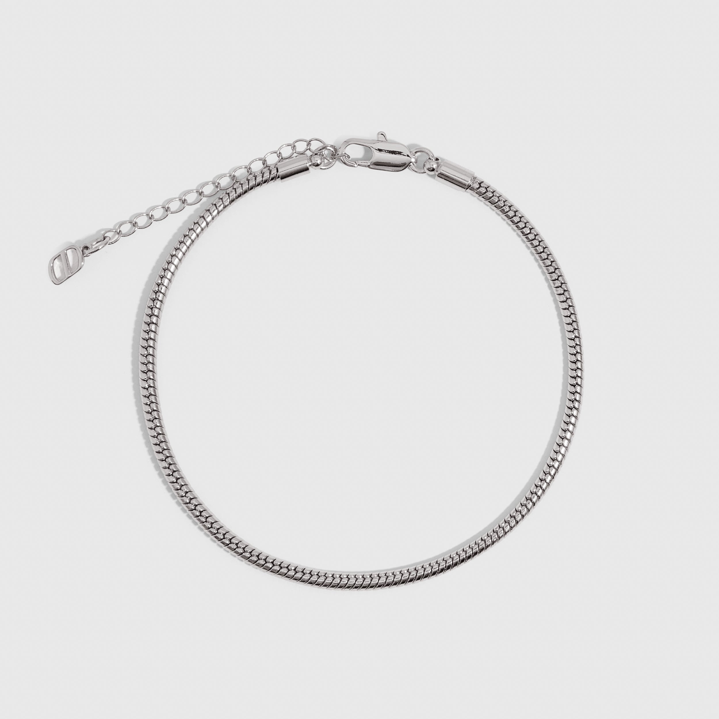 Silver round snake chain anklet with a smooth polished finish, shown on a plain background.
