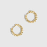 14k gold plated braided texture huggie hoop earrings, shown on a plain background.