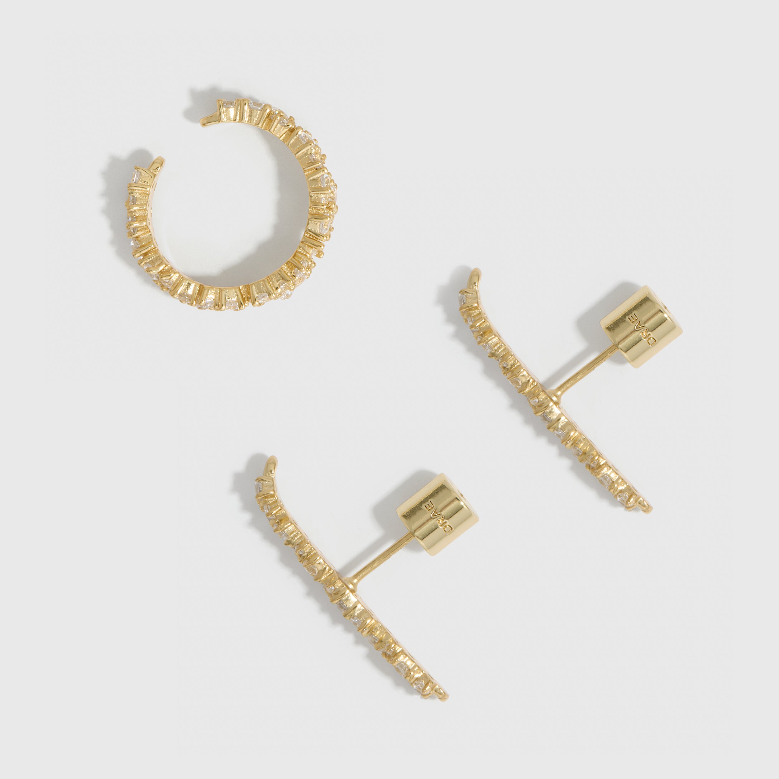 Multi Round-Cut CZ Duo Earrings, ear cuff and bar stud in 14k gold-plated sterling silver with cubic zirconia (view 3)