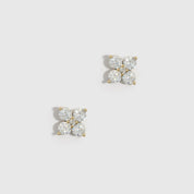 14k gold plated clover motif stud earrings with cubic zirconia detailing, shown on a plain background.