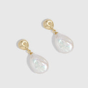 14k gold plated pendant earrings with a genuine irregular baroque pearl drop, shown on a plain background.