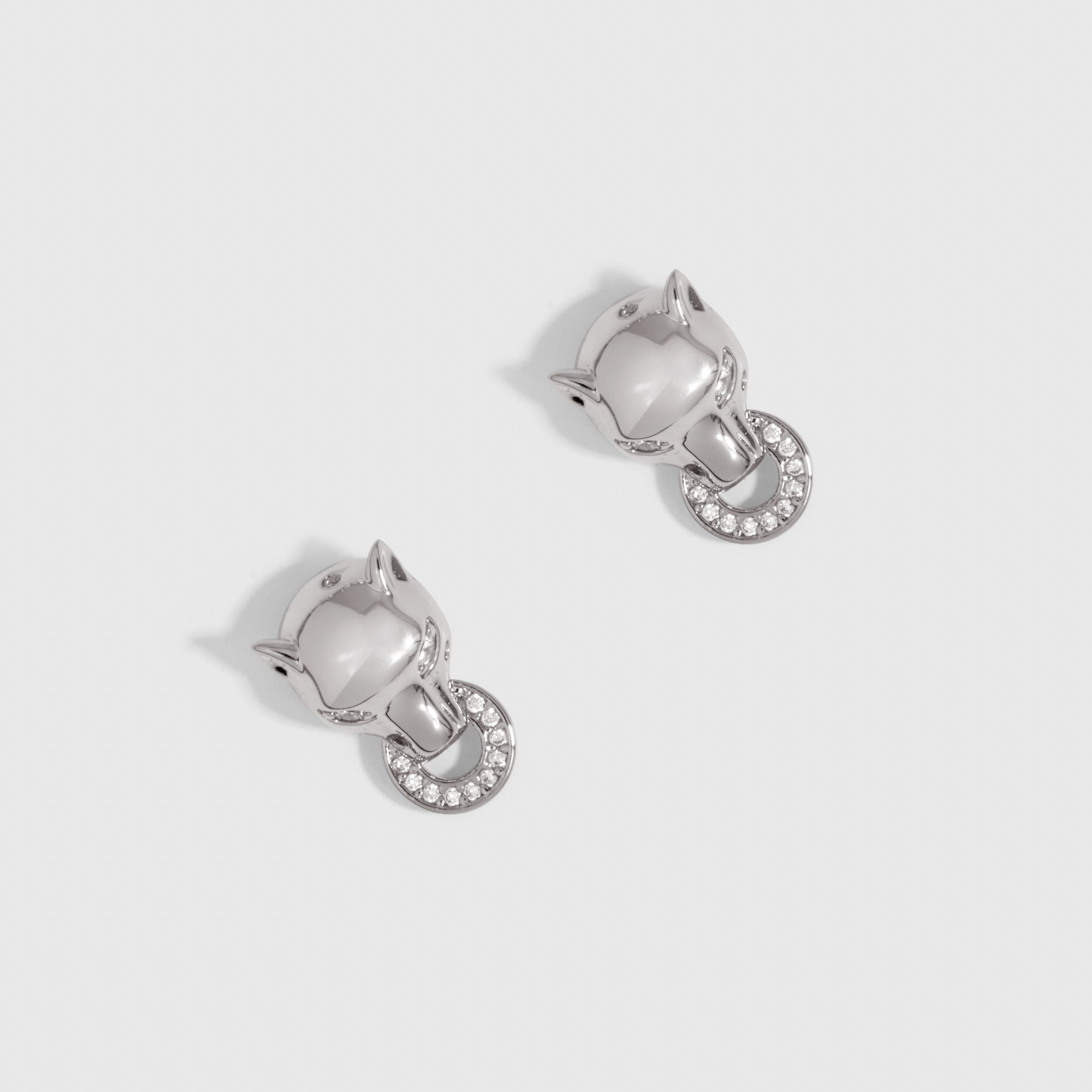 Jaguar Head Stud Earrings, silver plated with a pavé cubic zirconia ring