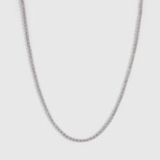 Silver popcorn-link chain necklace showing its twisted, textured profile, shown on a plain background.