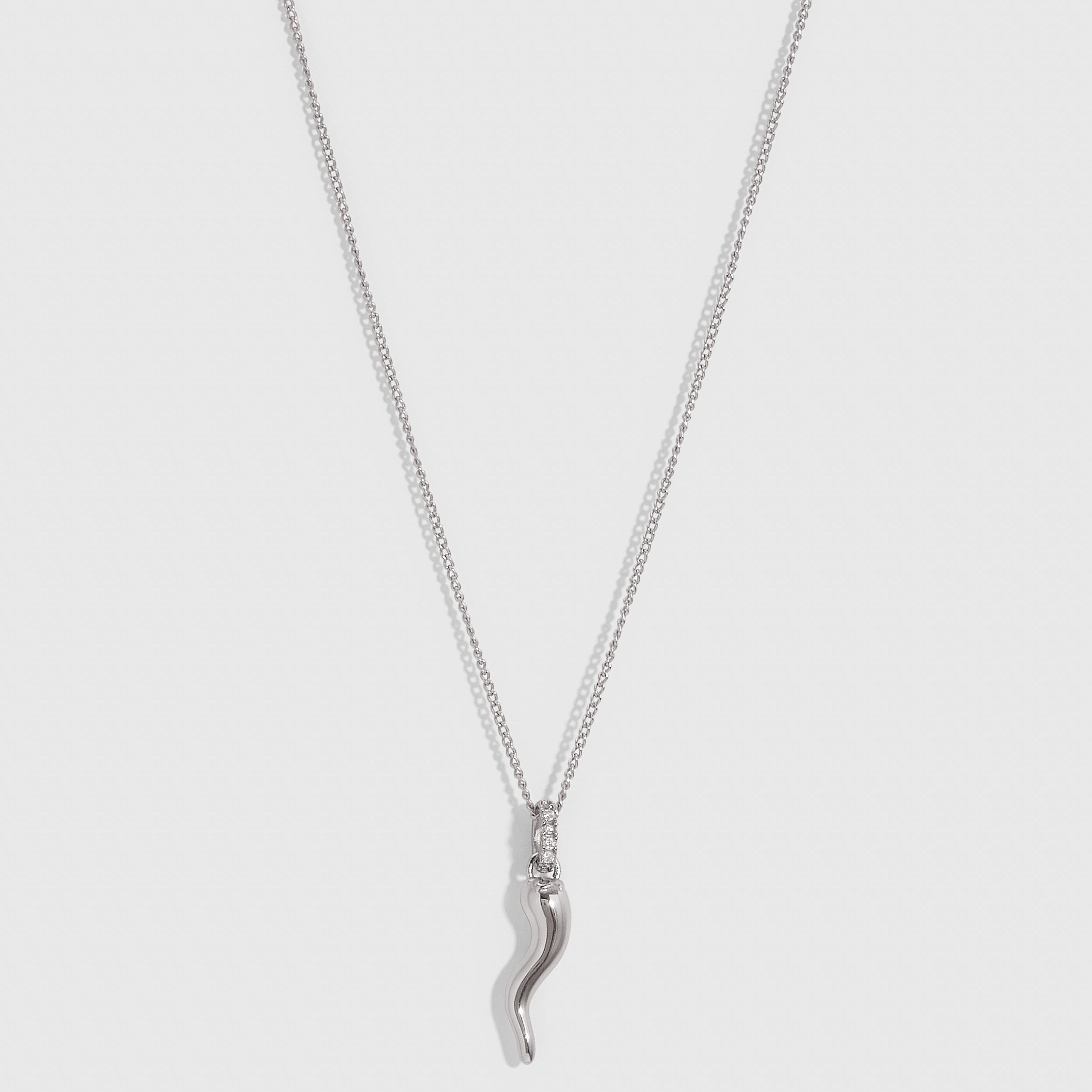 Hollow Italian Horn Pendant Necklace in 925 sterling silver with cubic zirconia accents