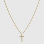 14k gold plated cross pendant necklace with a plain 20mm cross on a flat curb chain, shown on a plain background.