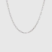 Silver paper clip link chain necklace, shown on a plain background.