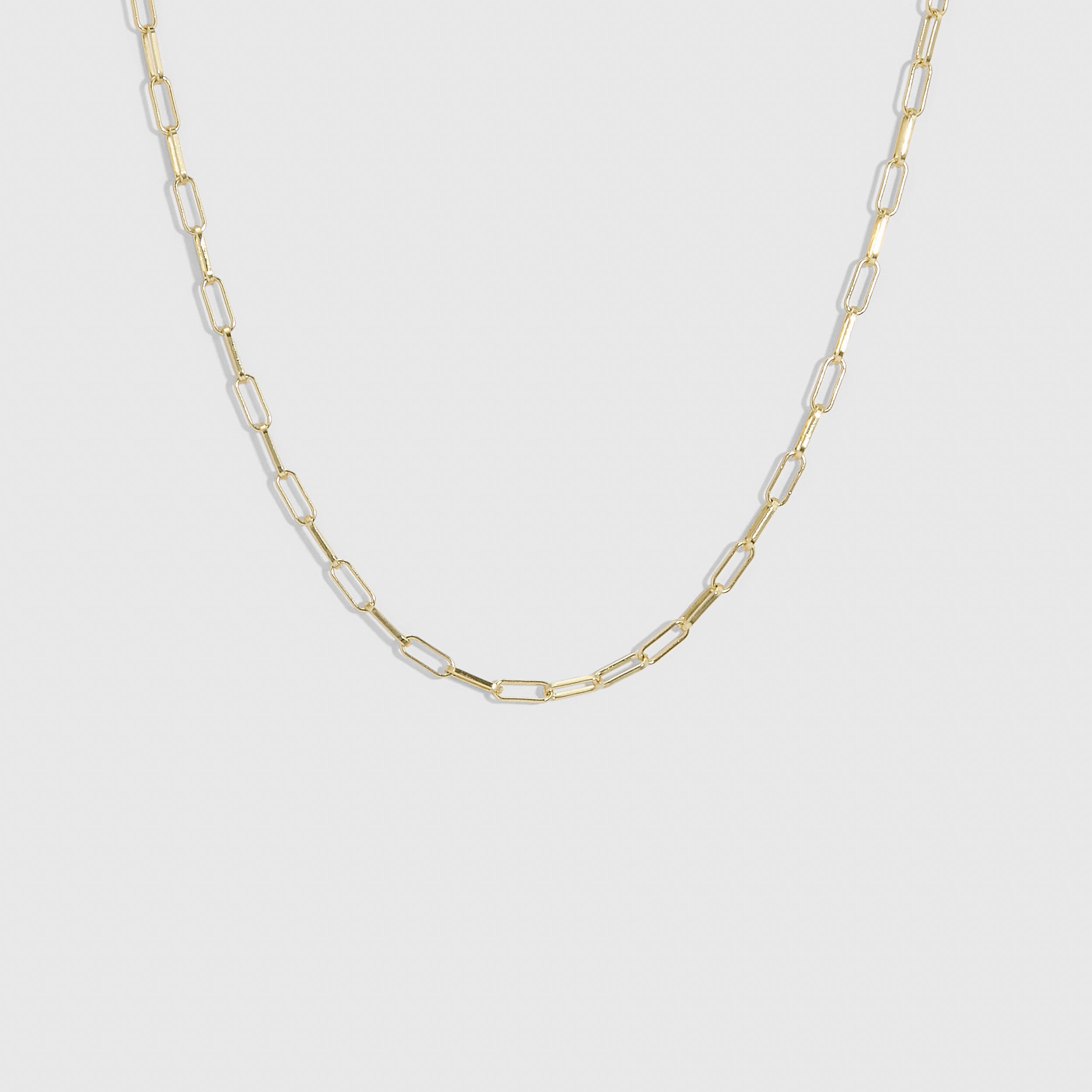 14k gold plated paper clip link chain necklace, shown on a plain background.