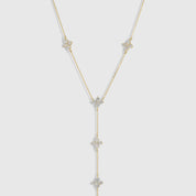 14k gold plated multi-clover lariat necklace with cubic zirconia detailing and a draped chain, shown on a plain background.