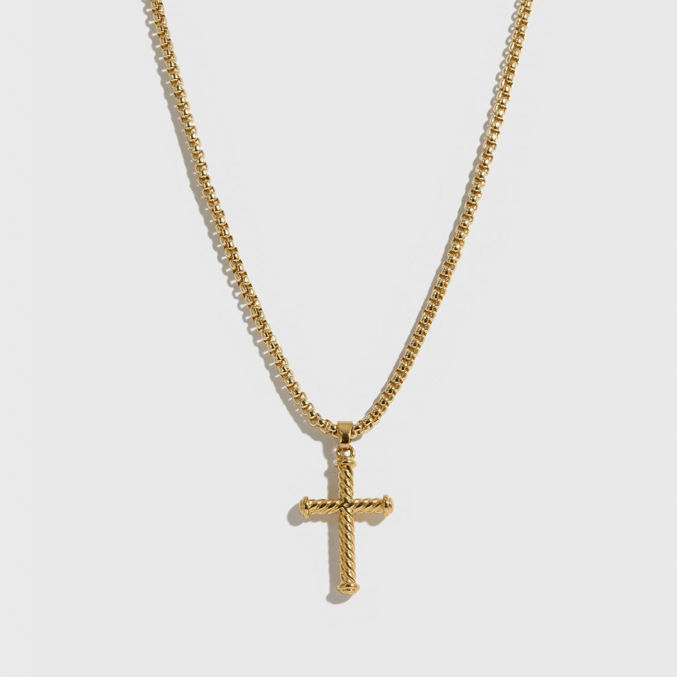 14k gold plated men's cross pendant necklace, shown on a plain background.