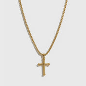 14k gold plated men's cross pendant necklace, shown on a plain background.
