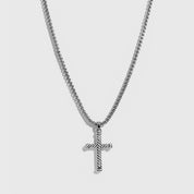 Silver plated men's cross pendant necklace, shown on a plain background.