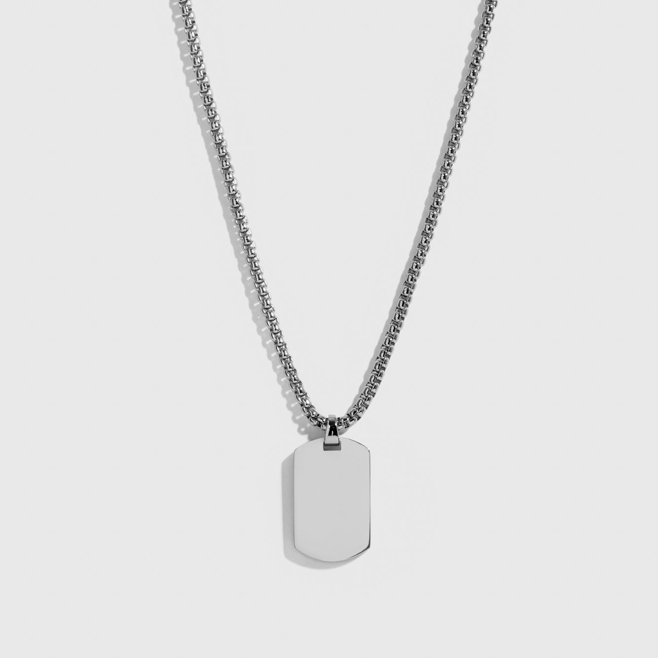 Silver plated men's dog tag pendant necklace, shown on a plain background.