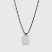 Silver plated men's dog tag pendant necklace, shown on a plain background.