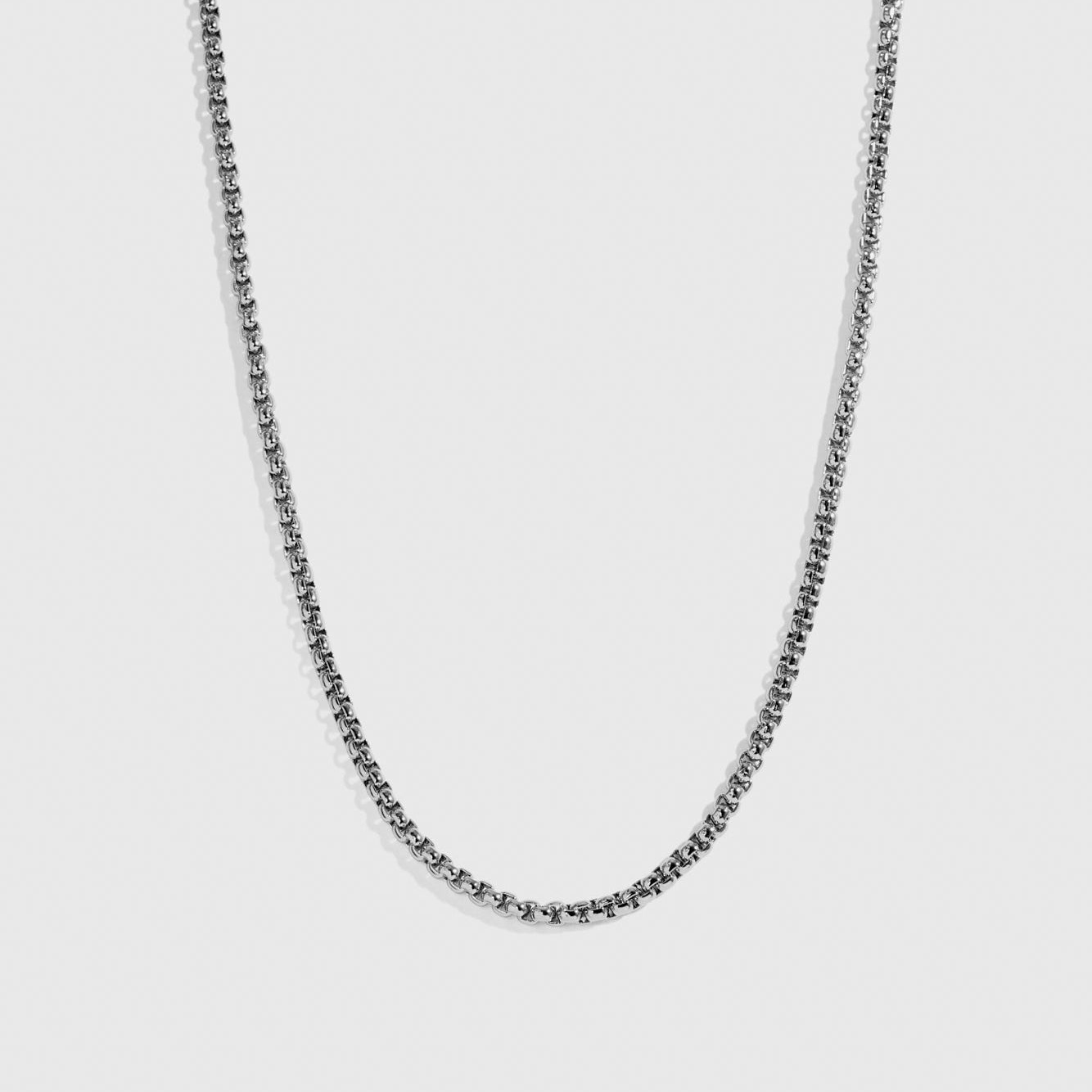 Silver plated men's round box chain necklace, shown on a plain background.