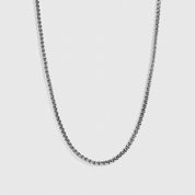 Silver plated men's round box chain necklace, shown on a plain background.