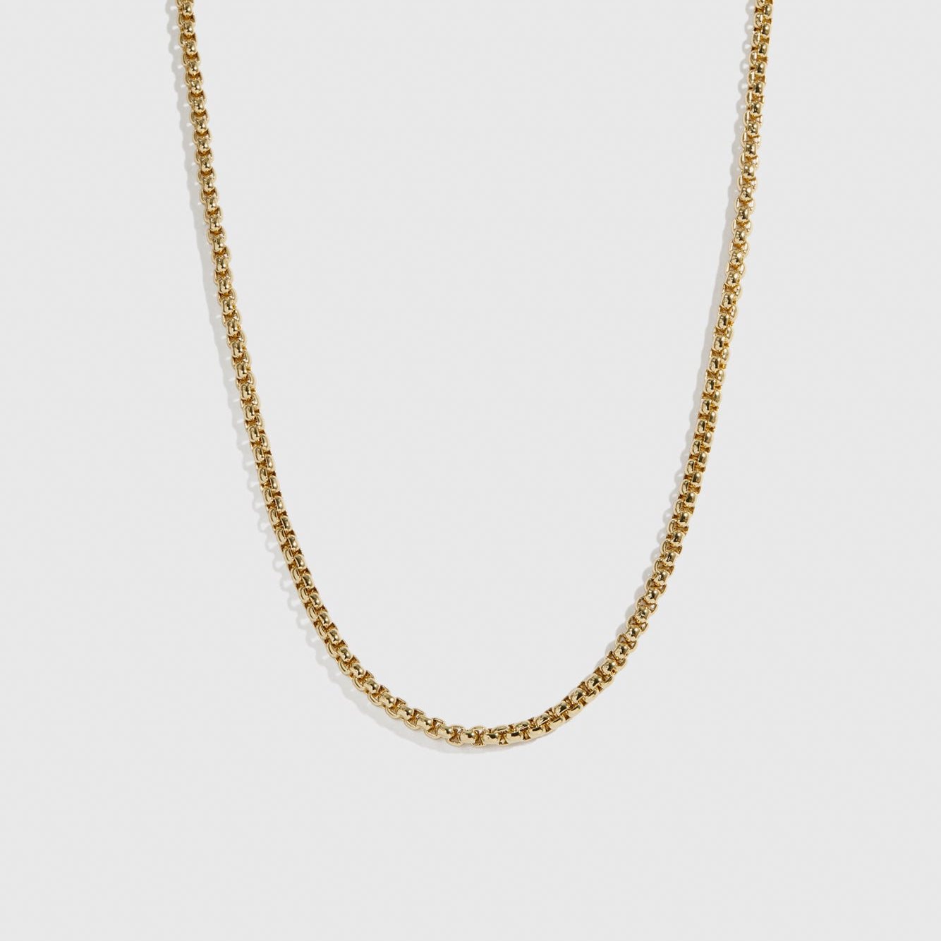 14k gold plated men's round box chain necklace, shown on a plain background.