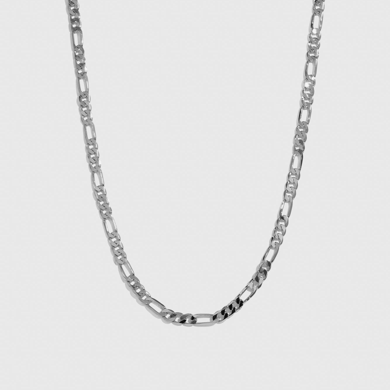 Silver plated men's Figaro chain necklace, shown on a plain background.