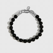 Silver plated men's black agate bead bracelet, shown on a plain background.