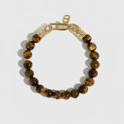 14k gold plated men's tiger eye bead bracelet, shown on a plain background.