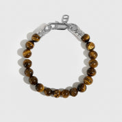 Silver plated men's tiger eye bead bracelet, shown on a plain background.