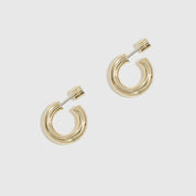 14k gold plated mini hollow hoop earrings, shown on a plain background.
