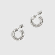 Silver plated mini hollow hoop earrings, shown on a plain background.