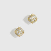 14k gold plated sterling silver 925 square pavé stud earrings with cubic zirconia, shown on a plain background.