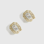14k gold plated baguette-cut pavé stud earrings with cubic zirconia pavé, shown on a plain background.