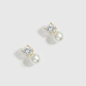 14k gold plated sterling silver 925 round-cut and glass pearl stud earrings, shown on a plain background.