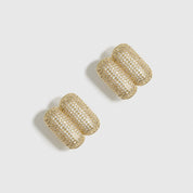 14k gold plated double rounded rectangle pavé stud earrings with cubic zirconia pavé, shown on a plain background.