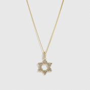 14k gold plated sterling silver 925 Star of David pendant necklace with cubic zirconia, shown on a plain background.